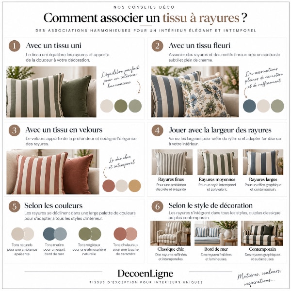 Infographie expliquant comment associer un tissu à rayures avec un tissu uni, un tissu fleuri, un tissu en velours, différentes largeurs de rayures, des palettes de couleurs harmonieuses et plusieurs styles de décoration.